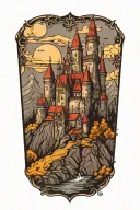 Gothic Medieval castle overlooking mountains tattoo design idea