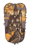 Gothic Medieval castle overlooking mountains tattoo design idea