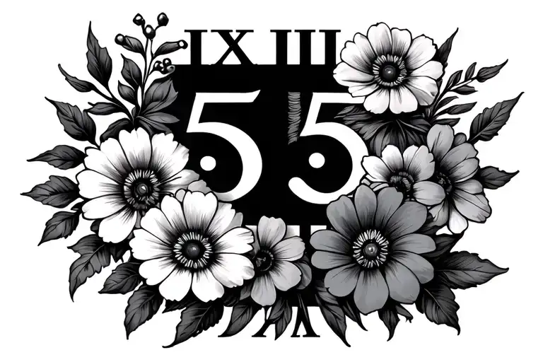 1955 and 2024 roman numerals with flowers  tattoo design idea