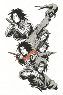 Madara Uchiha, Itachi and Sasuke Uchiha controlling each other using hands, one under another and a big sharingan on top tattoo design idea