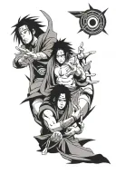 Madara Uchiha, Itachi and Sasuke Uchiha controlling each other using hands, one under another and a big sharingan on top tattoo design idea
