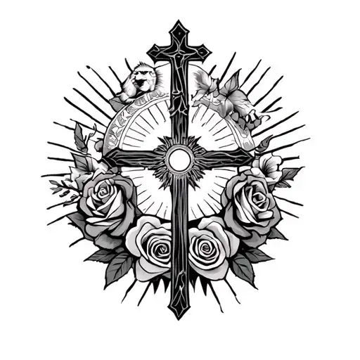 macedonian orthodox forearm sleeve a big cross, the sun, a lion, and roses.  tattoo design idea