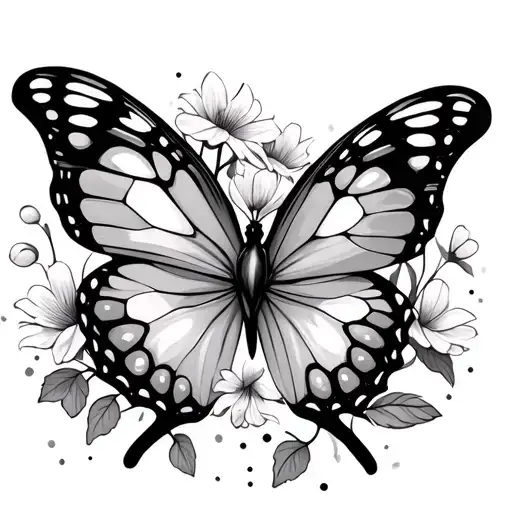 a butterfly with carnations and snow drop flowers incorporated into 2 of its wings. Add some pretty dots around it too tattoo design idea