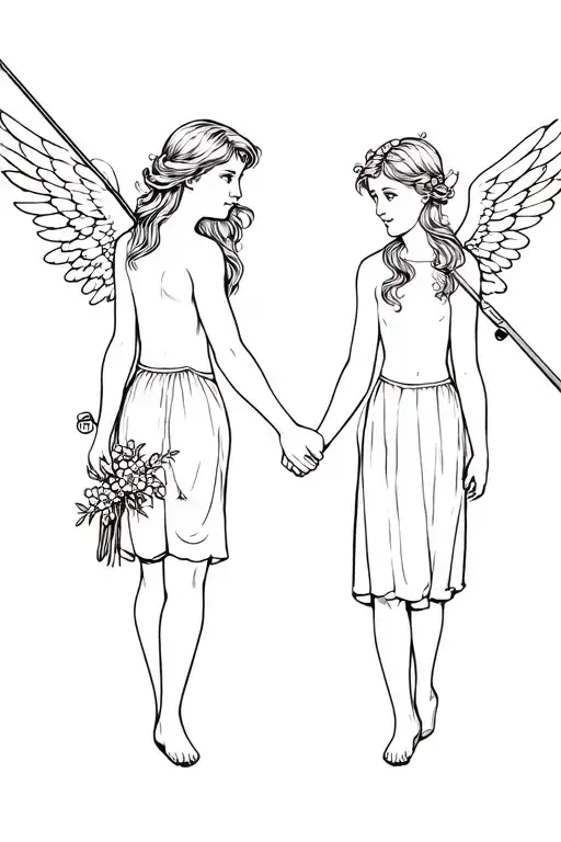 Image of Girl and boy angels from the back holding hands. Boy has fishing pole resting on shoulder, girl has bouquet of  tattoo design idea