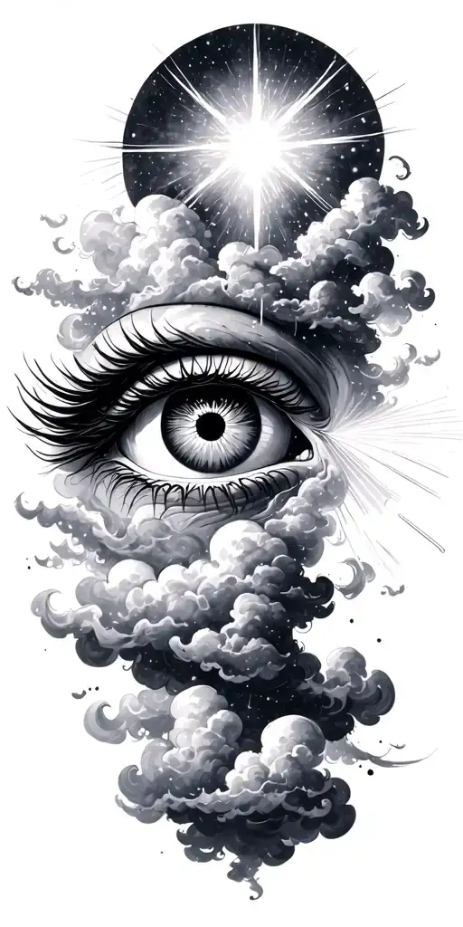 heavenly clouds and eyeball with light rays shining tattoo design idea