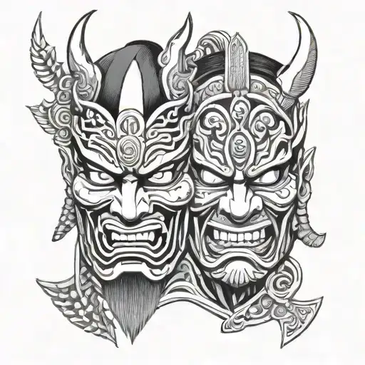 Shogun and Oni mask split in half tattoo design idea