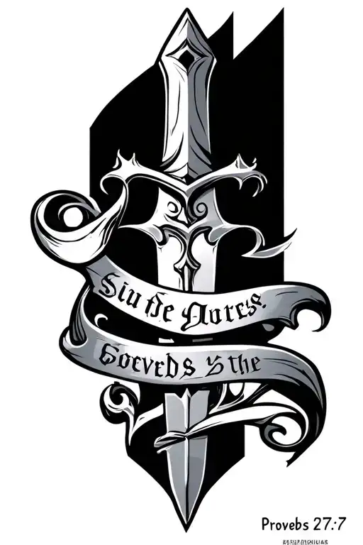 "Proverbs 27:17" Iron sword with words in the blade tattoo design idea