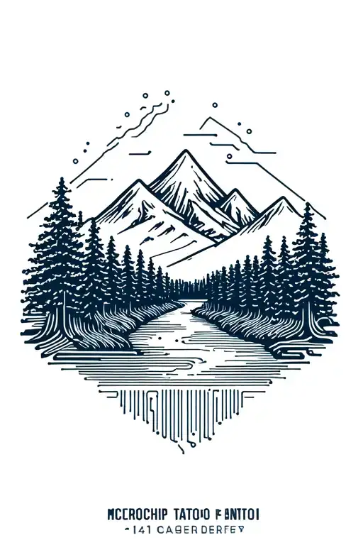 microchip circuit infused with forest with river flowing and  mountain in background  tattoo design idea
