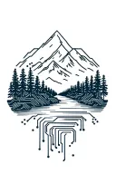 microchip circuit infused with forest with river flowing and  mountain in background  tattoo design idea