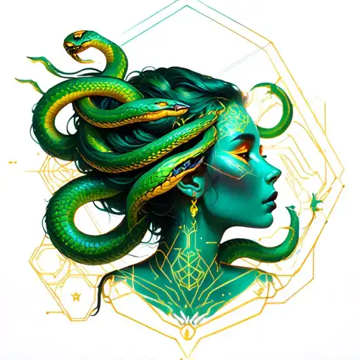 Prett faced lady with green and gold snakes for hair tattoo design idea