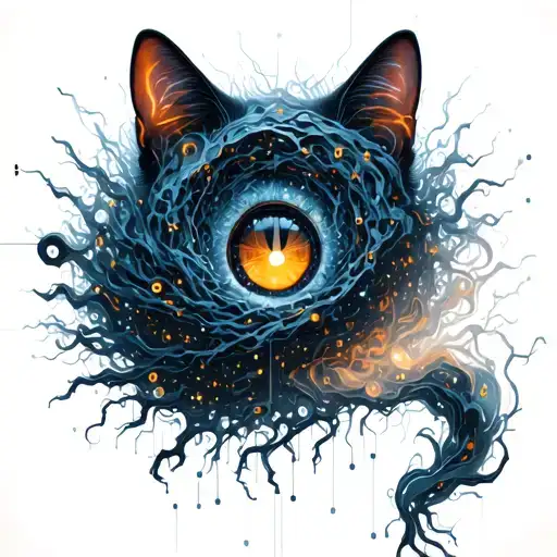 A chaotic black hole tearing through the skin, with glitchy neural circuits and binary code leaking outward like veins. The gravitational swirl subtly forms the silhouette of a cat’s eye, watching silently. From the base, strands of fragmented code and fluid lines rise like smoke—merging technology, space, and feline mysticism. The whole structure feels like a collapsing timeline—alive, breathing, and glitching. tattoo design idea