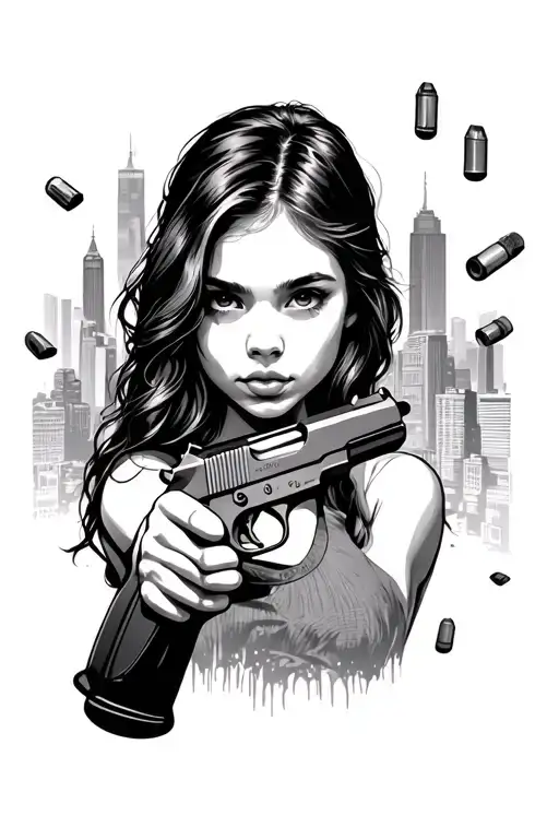 face of a girl holding a colt 1911 .45 caliber hand gun, in the background empty shell casing falling over a city. tattoo design idea