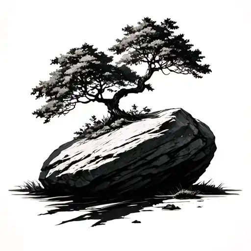A minimalist black and white tattoo design of a large stone with a small tree growing on it, symbolizing resilience. Thi tattoo design idea