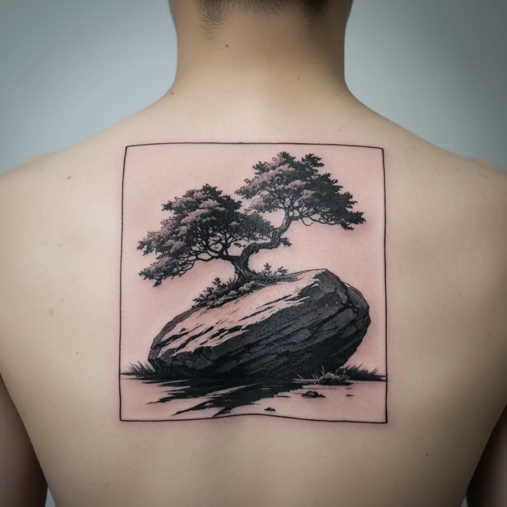 A minimalist black and white tattoo design of a large stone with a small tree growing on it, symbolizing resilience. Thi tattoo design idea