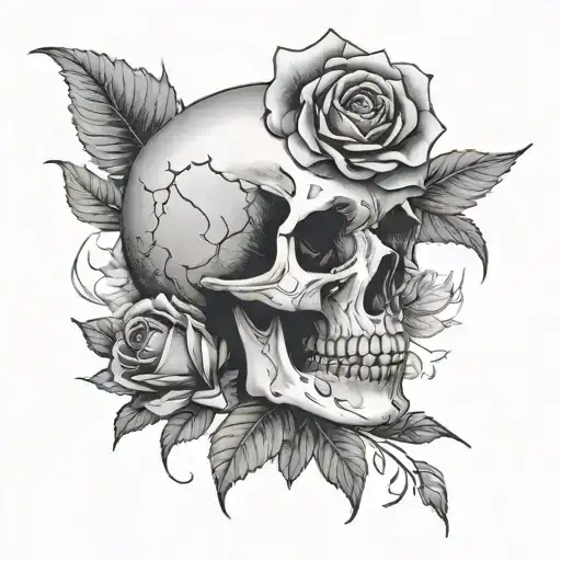 rose with patels flying out of it and the skull under the rose, the skull is smaller than  rose and is under an angle tattoo design idea