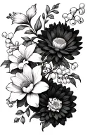 i want the specific flowers chrysanthemum, daffodil, lily of the valley, and carnation incorporated together with vines tattoo design idea