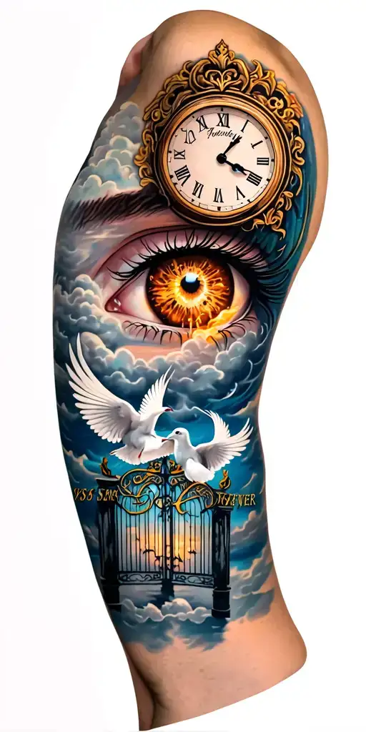 "CS&VSSENGRASAPHON FOREVER 532 " MEMOIR TATTOO FOR GRANDPARENTS WITH CLOUDS AND A CRYING EYE WITH A CLOCK INSIDE OF THE EYE WITH DOVES AND HEAVEN GATES  tattoo design idea
