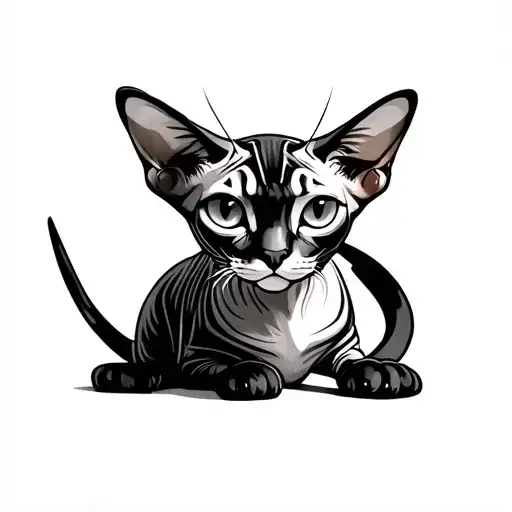 Black and grayTop view of a sphinx cat with its head at the bottom and his body going up and tail on topOn the left to tattoo design idea