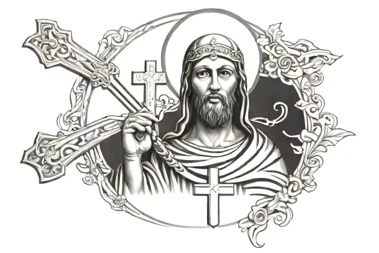 san judas with crosses and words tattoo design idea