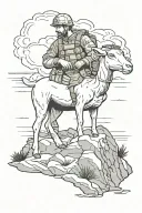 Biblical Shepard rescue a lamb on a cliff in a storm. United States marine corps emblem, digital camouflage, armor, coll tattoo design idea