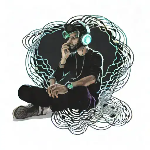 A traveler sitting cross-legged, floating in the infinite space of his mind, wearing a modern headset with dark metallic colors. His body is surrounded by a luminous aura in shades of electric. Pulsating waves of energy emanate from the headset, creating abstract and fluid shapes around him, like visual echoes of the music he is listening to. In the background, mental landscapes take shape: a sea of stars, suspended mountains, and glowing fragments of memories floating in the air. The atmosphere is futuristic, immersive, and introspective, evoking an inner journey through music and thoughts tattoo design idea