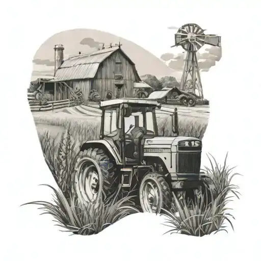 A sleeve tattoo showcasing a farm landscape with John Deere and Case IH tractors working together tattoo design idea