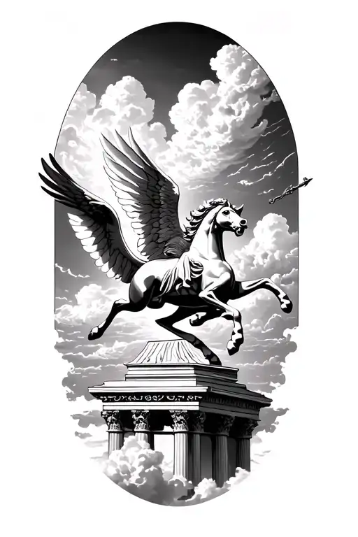 clouds with light coming through, Pegasus flying, Greek monument tattoo design idea