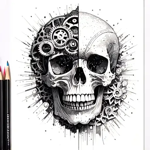 half of the skull and gears of the mechanism on the other side, connected, full face tattoo design idea