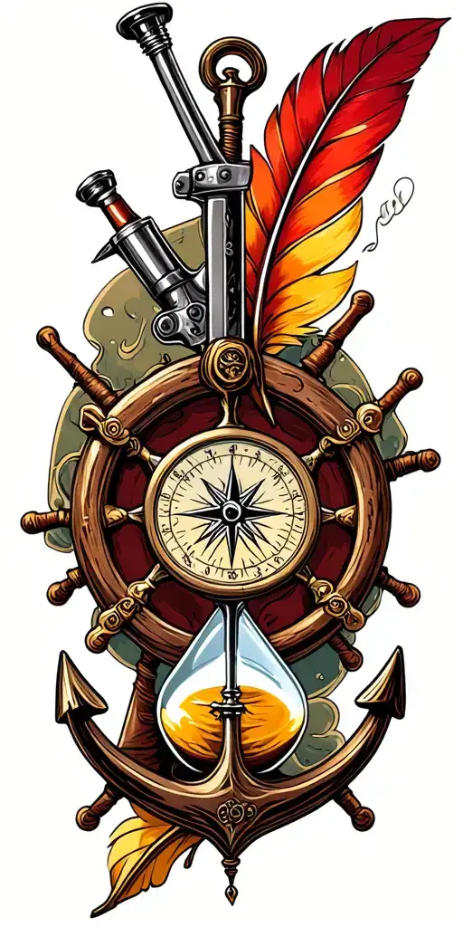 flintlock pistol, cutlass, quill pen, nautical compass, fouled anchor, ship's wheel, hourglass tattoo design idea