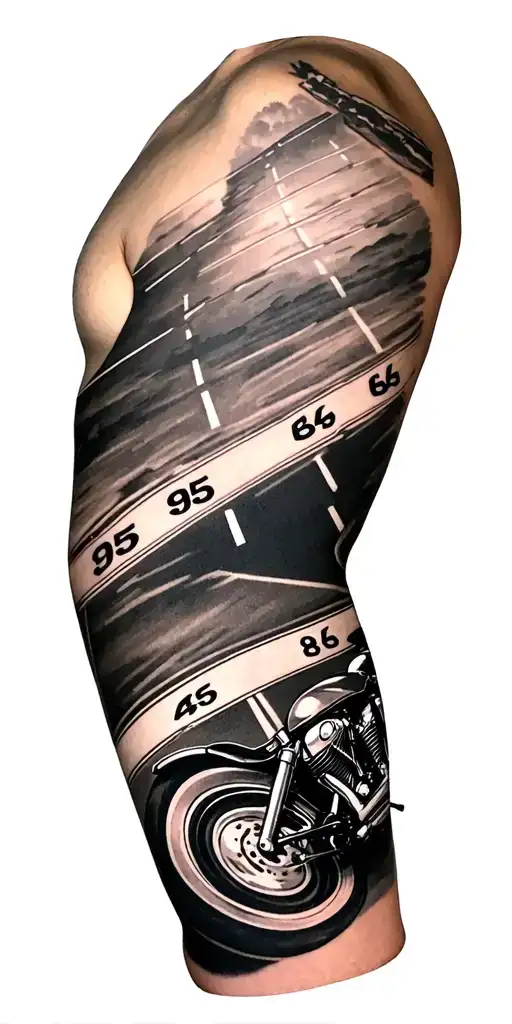 Create a full arm sleeve tattoo with a road and different interstates (95, 44, and 8) i want to also have a Harley on th tattoo design idea
