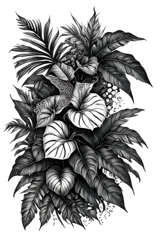 jungle themed sleeve with mandalas and indoor tropical plants like monsteras, anthuriums, calatheas. a vine running up tattoo design idea