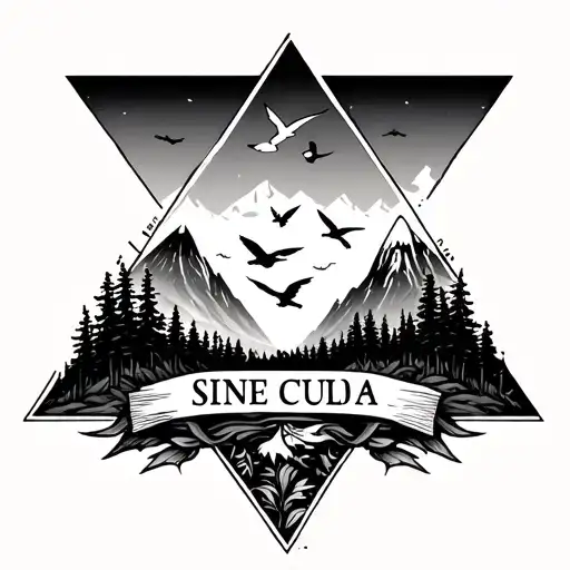 SINE CULPA place inscriptions and add a tattoo in the form of a triangle in which there is a forest, mountains, birds tattoo design idea