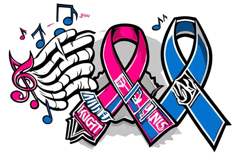 colon cancer ribbon with NRL knights logo and music notes tattoo design idea