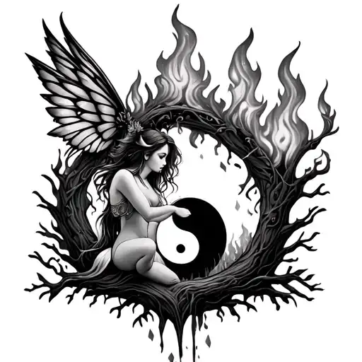 Feminine Earthy Virgo fairy playing with fire under the tree of life, with a yin yang and ox tattoo design idea