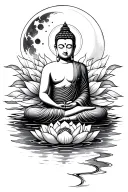 Buddha sitting on lotus flower with a moon and water in the background  tattoo design idea