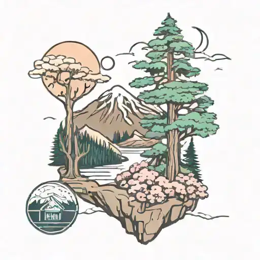 mt rainier on top with pine tree forrest on bottom with cherry blossom trees and cacti tattoo design idea