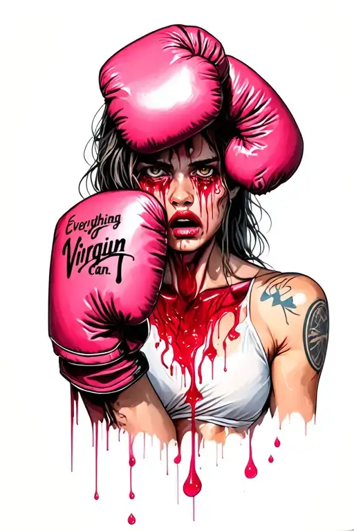 "Everything can" Virgin Painful crying, with tears that are transformed into blood, connecting with a boxing glove and a pink tattoo design idea