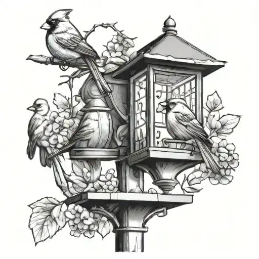 cardinals jays doves and crows sitting on a lamppost with an anti squirrel bird feeder tattoo design idea