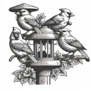 cardinals jays doves and crows sitting on a lamppost with an anti squirrel bird feeder tattoo design idea