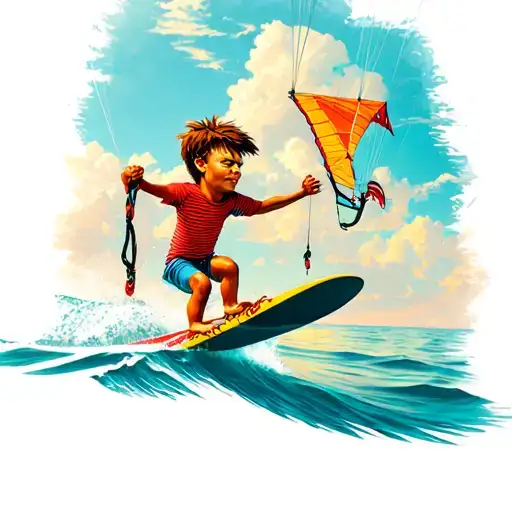 dennis the menace kite surfing on a beautiful lagoon tattoo design idea