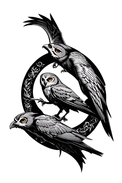 owl,raven and bat flying in circle facing each other tattoo design idea