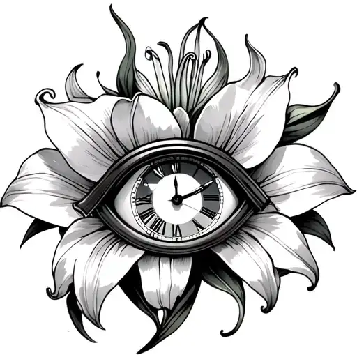 lily flowers with clock with eye inside tattoo design idea