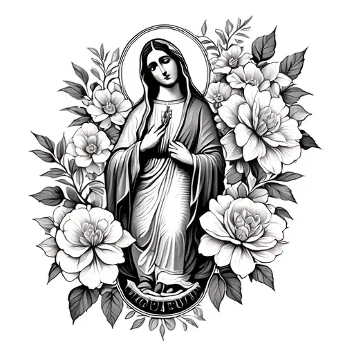 Virgin of Guadalupe surrounded by vibrant azaleas, zinnias and camellias tattoo design idea
