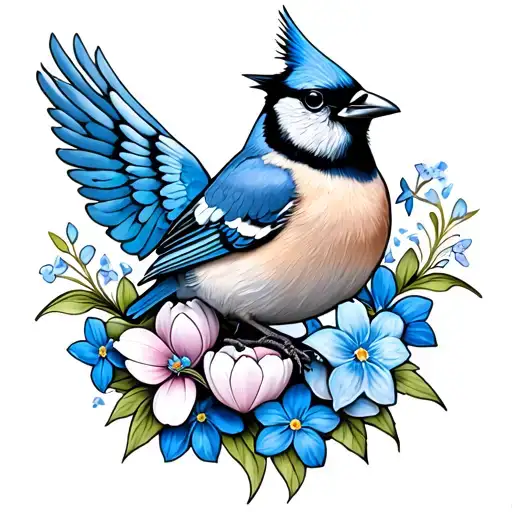 Black and white tattoo with Cardinal Bird,  blue jay bird, tulips and forget-me-nots with Memorial heart with wings hidd tattoo design idea