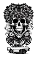 mandala design incorporating small skeleton smoking and one car card and one motorcycle card tattoo design idea