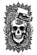 mandala design incorporating small skeleton smoking and one car card and one motorcycle card tattoo design idea