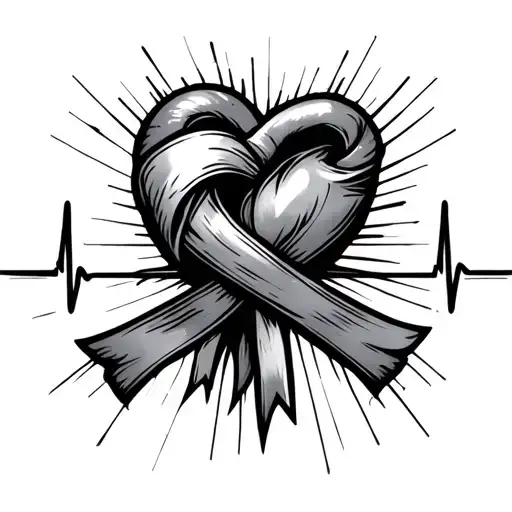 cancer bow intertwined with heart beat fading out to straight line  tattoo design idea