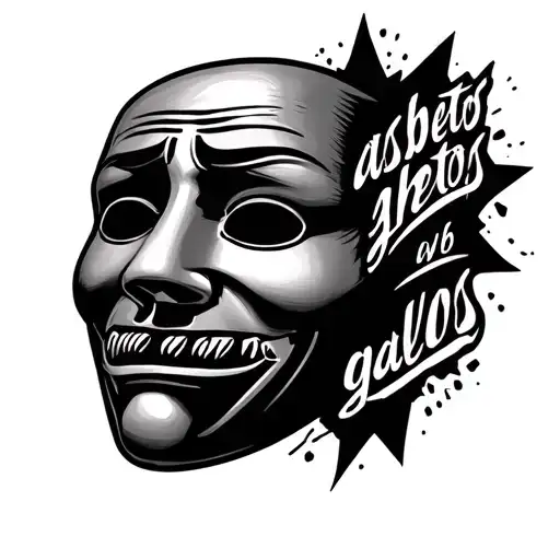 memorial tattoo both of the happy and sad tragedy mask with "asbestos galos" written along side tattoo design idea