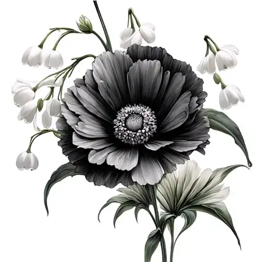 Lilly of the valley, aster, poppy and daffodills tattoo design idea