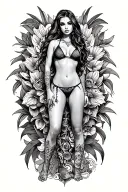 Sexy girl, petite, small boobs, wide hips, bikini . long hair,sexual. Seductive. Full Body, standing with legs and feet tattoo design idea